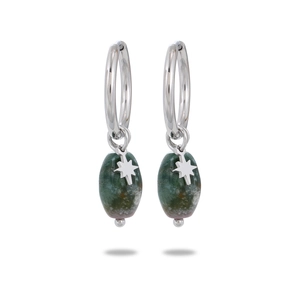 Detail showing gold star charm and green natural stone on stainless steel hoop earrings