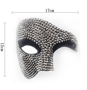 Detail view of crystal masquerade mask showing 17cm width and 12cm height dimensions