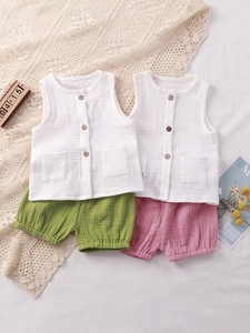 Soft cotton gauze summer vest and shorts set for kids, breathable home wear outfit