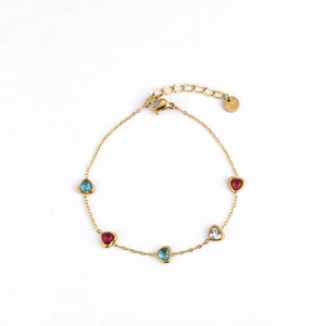 Golden stainless steel chain bracelet with five colorful heart-shaped zircon stones