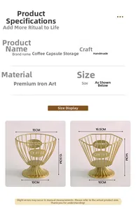 Close-up of golden iron coffee pod storage baskets showing round and hexagonal designs