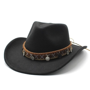 Classic black wool felt western cowboy hat with brown braided band and silver metal discs