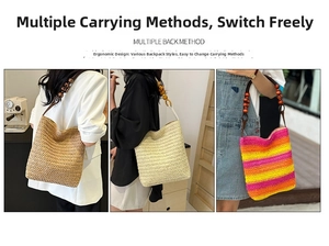 Detail of wooden bead straps and woven texture on a rainbow striped straw tote bag