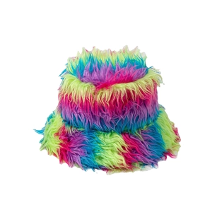 Vibrant colorful rainbow faux fur bucket hat with long shaggy hair for winter warmth