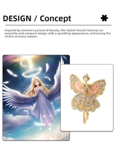 Macro detail of golden angel brooch featuring pink pear-shaped gems and white zircons