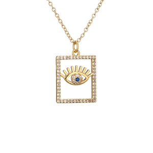 Gold evil eye necklace with blue zircon in a rectangle crystal frame on white background