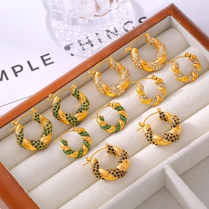U-shaped twisted gold titanium steel earrings with zircon stones in green black and white