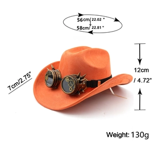Detail view of orange suede cowboy hat with steampunk goggles and gear ornaments