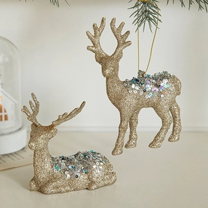 Reindeer Christmas Ornaments Gold Glitter Sequins Elk Figurines Holiday Hanging Decorations Festival Home Party Decor
