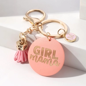 Handmade wooden GIRL mama keychain with pink tassel and gold M letter charm