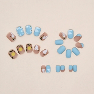 Short matte press-on nails featuring hand-painted doves, sunset, and blue flower designs