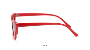 Detailed back view of red cat-eye sunglasses with sleek triangular frame design
