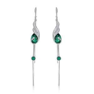 Elegant silver threader earrings featuring pear-cut emerald gemstones and sleek dangles