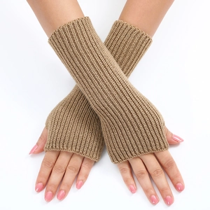 Women's camel ribbed knit fingerless gloves long arm warmers shown on a model