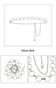Close-up of silver metal chain belt featuring hollow rings and a small bell pendant