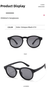 Front and 45-degree angle view of classic black octopus round frame kids sunglasses