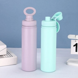 Detail of lavender and mint green matte insulated water bottles with carry handles