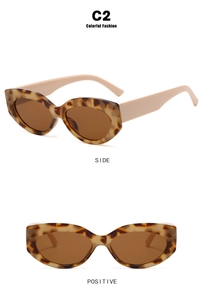 Detailed front and side view of cat eye sunglasses with tortoise frame and white temples