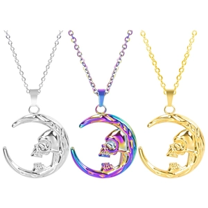 Detailed view of crescent moon and skull necklaces in silver, gold, and rainbow finishes