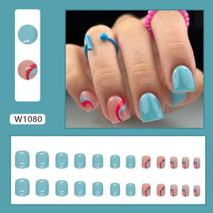 Blue almond press-on nails with pink wave patterns, 24-piece full set for summer fashion