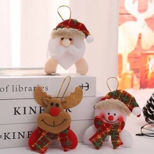 Christmas plush ornaments featuring Santa, Reindeer, and Snowman with gold hanging cords