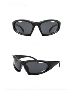 Front and 45-degree side views of black Y2K steampunk sports sunglasses with cutout frame