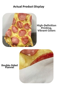 Macro detail of high-definition pepperoni pizza print on soft double-sided flannel blanket