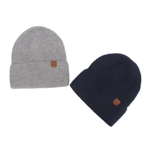 Warm winter knit beanie hats with leather label in light grey and navy blue colors