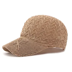 Beige knitted mesh baseball cap for women with breathable woven texture for summer sun protection