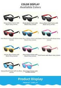 Matrix display of eleven colorful TR silicone polarized sunglasses in various trendy colors