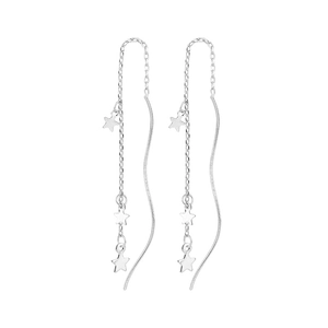 Detail shot of silver star tassel earrings with drop chains and polished finish