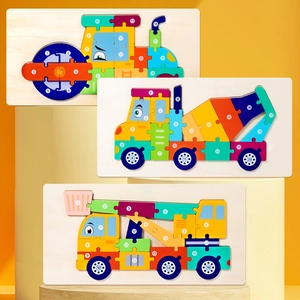 Educational wooden toddler puzzles featuring construction vehicles and numbered learning pieces