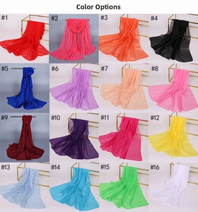 Color palette display showing 16 vibrant shades of lightweight chiffon long scarves
