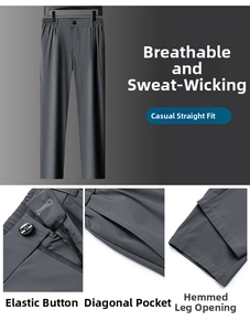 Detailed views of grey ice silk trousers featuring elastic waist and breathable fabric texture