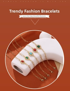 Detailed set of five gold-plated chain bracelets with colorful oval gemstone inlays