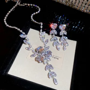 Elegant zircon flower and wheat tassel jewelry set with necklace and drop earrings