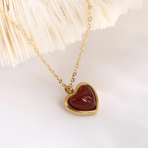 18K gold plated stainless steel heart necklace with deep red agate stone pendant