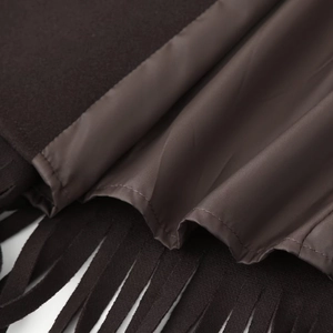 Deep brown woolen coat with elegant fringe details and smooth fabric panels