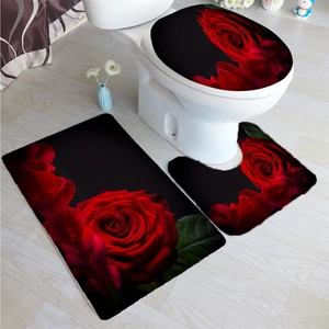 Three-piece bathroom mat set with high-definition red rose print on flannel material