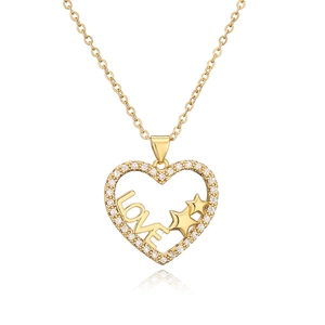 18K gold plated heart necklace for women featuring LOVE lettering and zircon stars