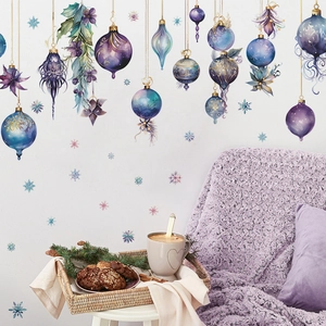 Dreamy purple watercolor Christmas balls and snowflakes wall stickers for home decoration