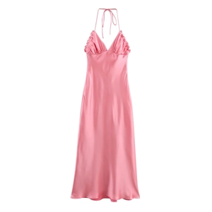 Robe Maxi Licou En Satin Élégante Col En V Dos Nu Couleur Unie Sans Manches Longue Soirée Fête Pour Femmes