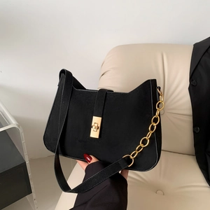 Retro Suede Shoulder Underarm Bag For Women With Metal Chain Gold Lock Solid Color Fashion Baguette Style Bag