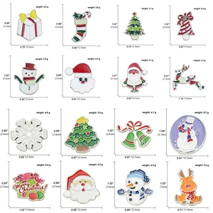 Size chart showing 16 enamel Christmas pins with precise weights and dimensions in a grid