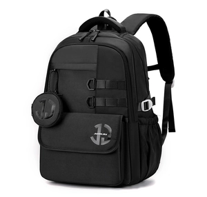 Detail of black ergonomic backpack with multi-layer pockets and detachable coin purse