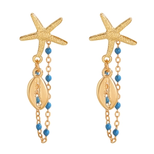 Elegant ocean style starfish and seashell drop earrings with blue beaded tassels