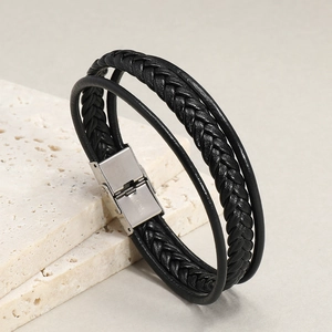 Braided black leather bracelet for men featuring a polished stainless steel metal clasp