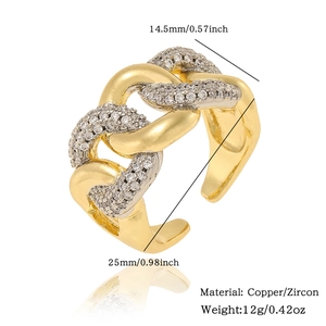 Macro view showing dimensions of copper zircon chain ring with two-tone link design