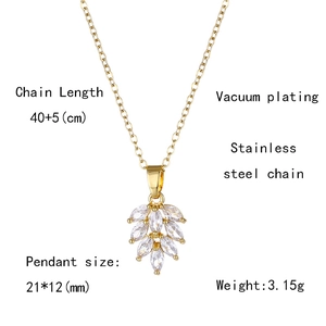 Detail view of gold leaf pendant with cubic zirconia on a 40+5cm stainless steel chain