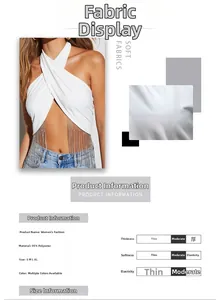 Weißes Neckholder-Top mit Quastenketten zeigt 95% Polyester-Stoff und die Größentabelle